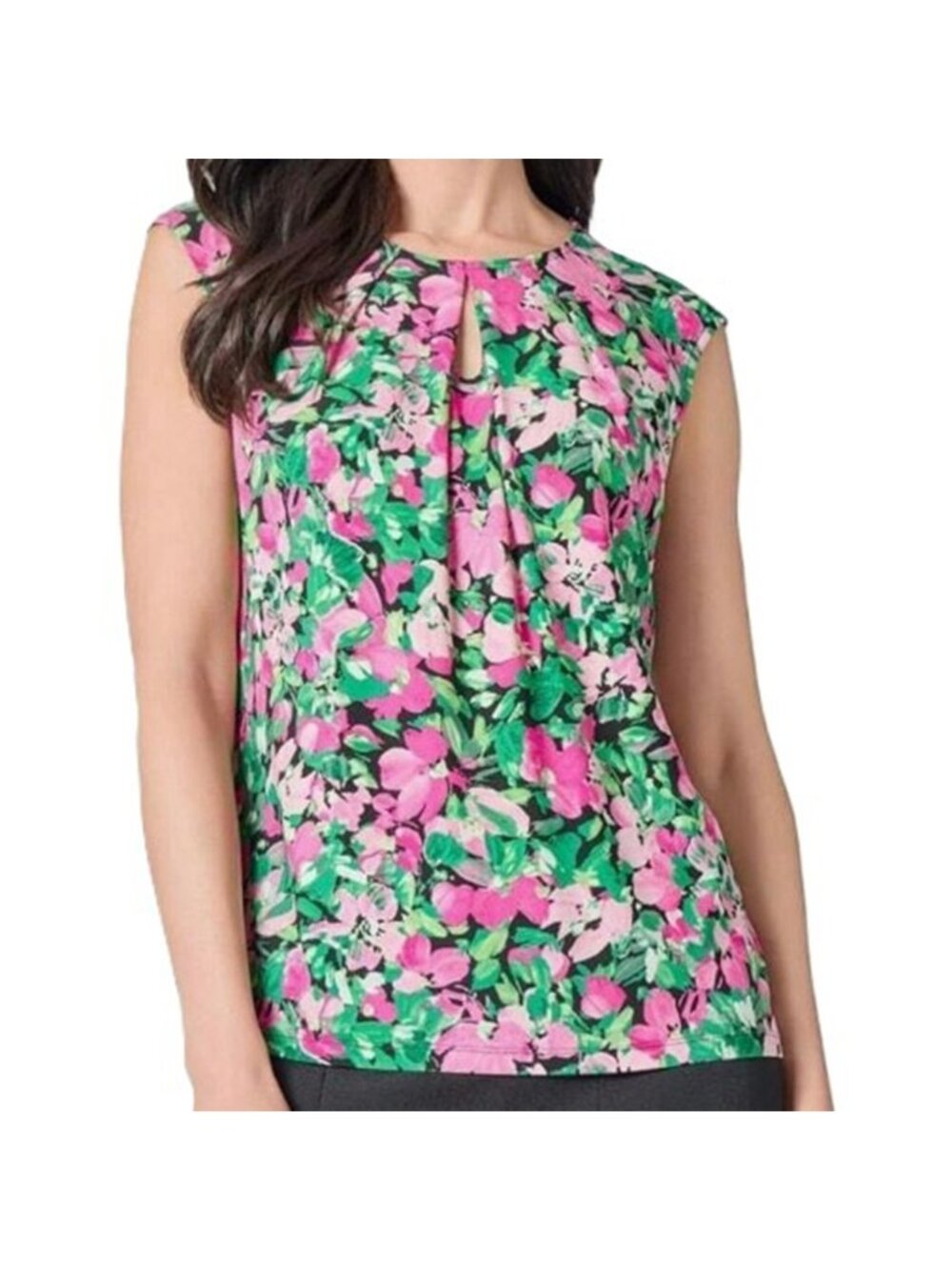 Kasper Women's Pleated Box Pleat Keyhole Pink Floral Top Size Large NWT
